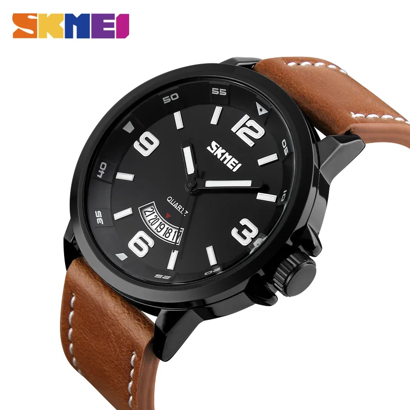 SKMEI 2020 Top Reloj Men Quartz Watch Large Dial Military Leather Band Sport Watches Wristwatches Clock Relogio Masculino 9115