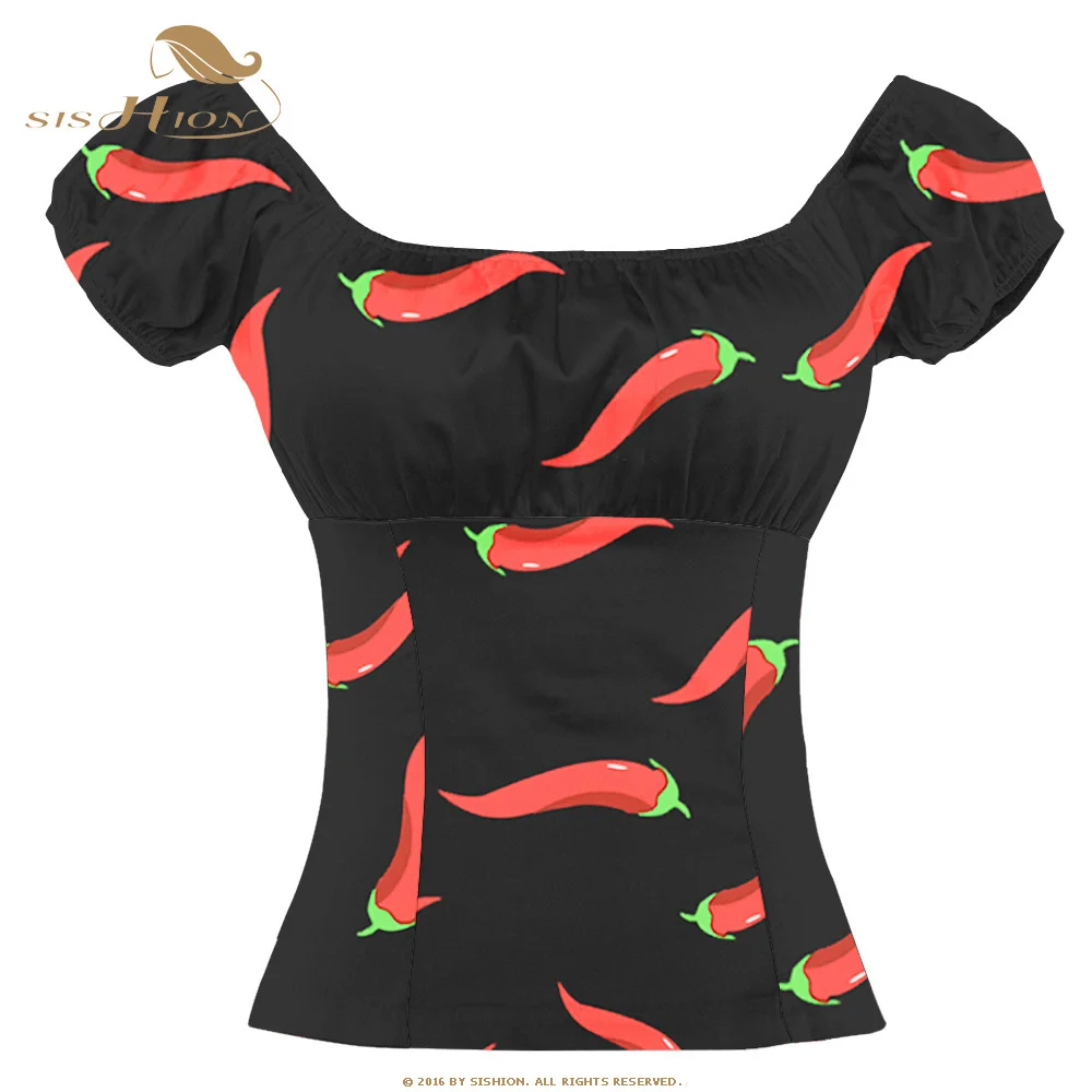 

SISHION Vintage Women's Tops and Shirts SP0230 2021 Sexy Slim Red Pepper Off-Shoulder Women's Short Sleeve Summer Beach Shirts