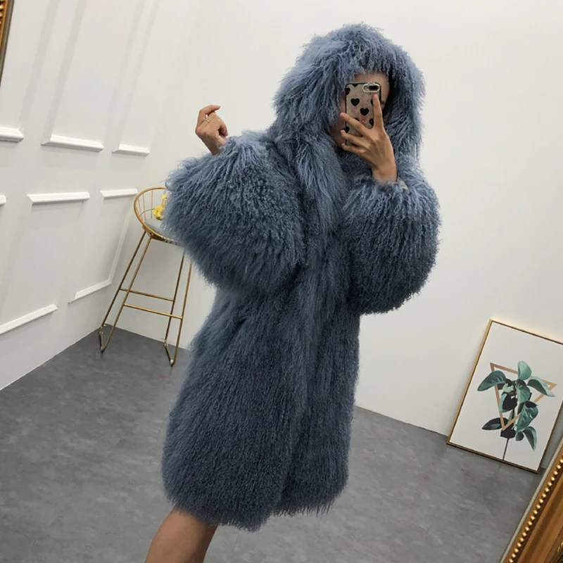 Women real mongolian sheep fur coat hooded o-neck medium long beach wool outerwear winter sheepskin overcoat female | Женская одежда