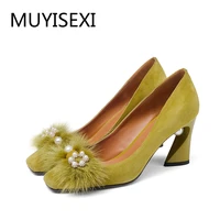 mustard women pumps shallow 7 5 cm hoof high heels with pearl genuine leather handmade party shoes plus size 34 43 hy03 muyisexi