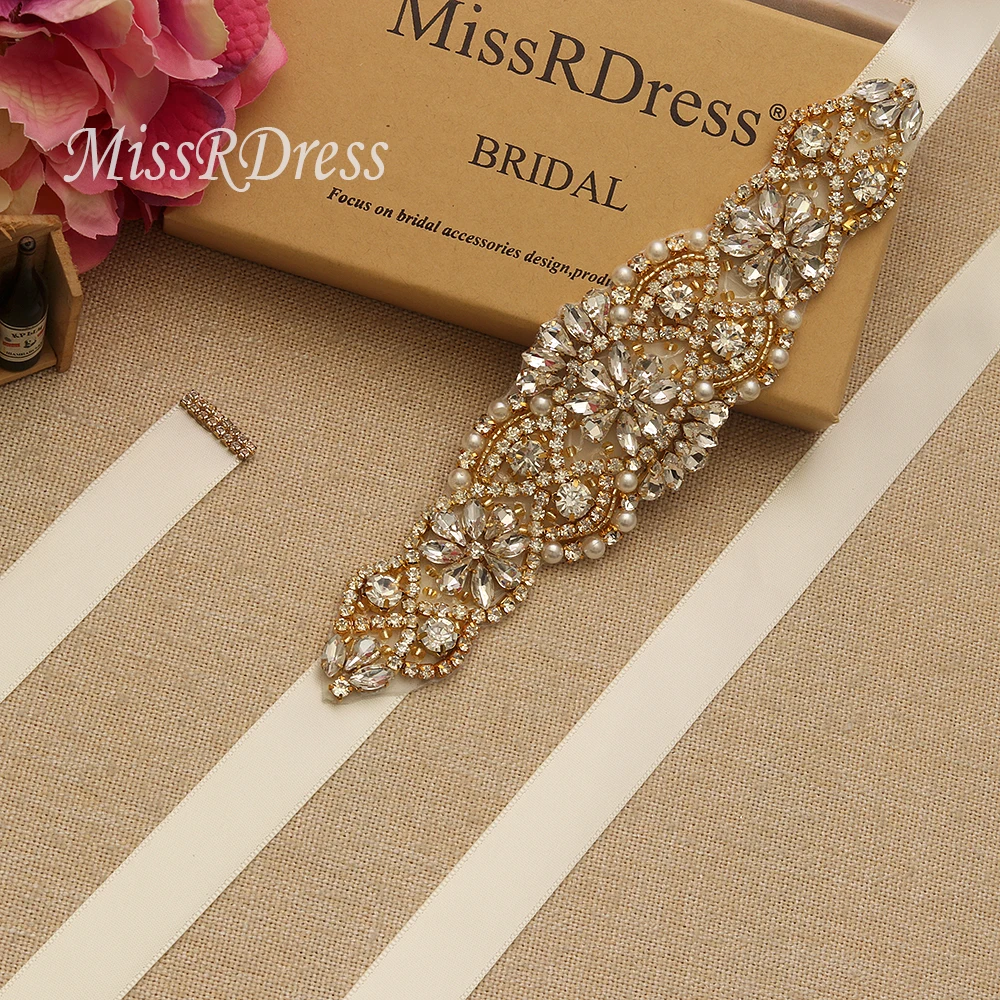 

MissRDress Diamond Wedding Belt Handmade Crystal Bridal Belt Gold Rhinestones Pearls Bridal Sash For Wedding Party Dresses JK837