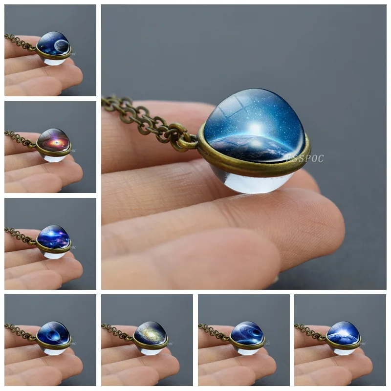 

Vintage Solar System Galaxy Planet Universe Necklace Double Side Glass Ball Chain Necklaces Pendants Fashion 2019 Jewelry