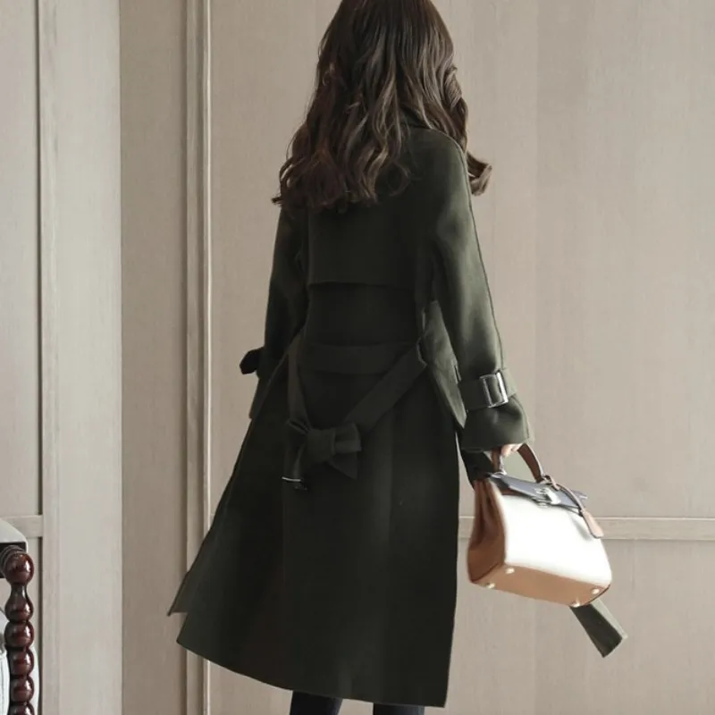 

New Fashion Women Autumn Belted Long Wool Blends Coat Loose Fit Ladies Maxi Overcoat Trench Woolen Office Windbreaker Coats