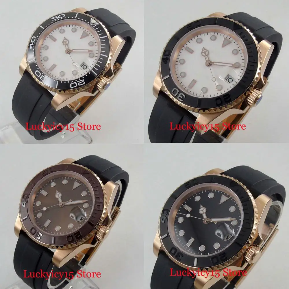 BLIGER 40mm Sterile Dial Automatic Men s Watch With Gold Watch Case Ceremic Bezel Rubber Strap