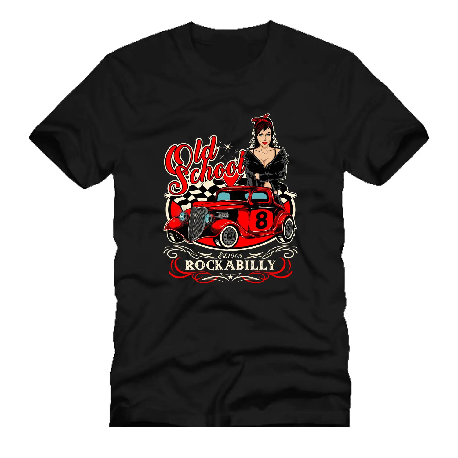 

Print T-Shirt 2019 Fashion OLD SCHOOL ROCKABILLY HOT ROD RACER PINUP BABE Mens T-shirt Tee New Mens' T-Shirt