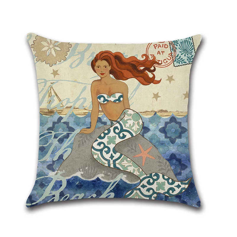 New Classical 4 colors Mermaid Cushion Cover Printed Soft Linen Throw Pillowcase living room Seat Pillow Decorative funda cojin | Дом и сад
