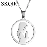 fashion silver color mother maria pendant necklace stainless steel pious prayer round choker jewelry for women men birthday gift