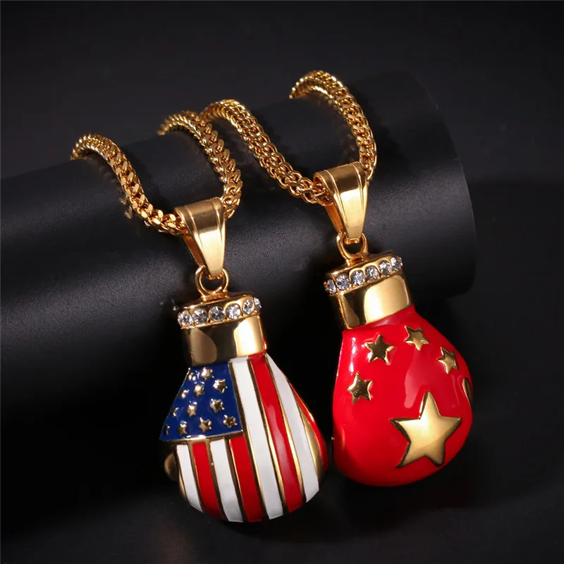 

Hip Hop Rhinestones Gold Necklace Fashion American Flag Boxing Gloves Pendant Necklace for Men Cuban Link Chain cadena hombre