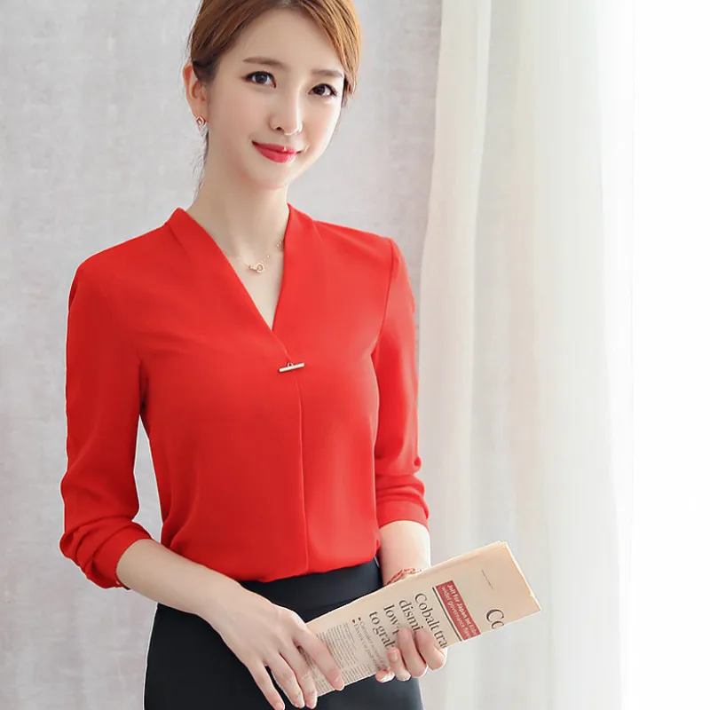 Spring and Autumn Korean Version of The Solid Color V-neck Blouse Fashion Long-sleeved Overalls Professional Women 2019 |