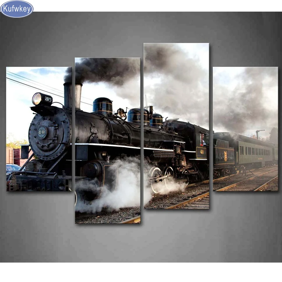 Картина из страз в стиле ретро с поездом 4 шт. полноразмерная вышивка крестиком