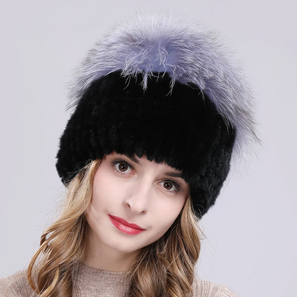 2020 Для женщин Настоящий мех кролика шапки бини Шапки вязаная эластичная 100%