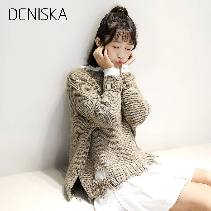 DENISKA 2018 Women Autumn Winter Knitted Distressed Sweaters Holes Ripped O Neck Loose Female Short Pullovers Femme Kni | Женская одежда