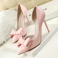 europe and united states sweet high heel stiletto high heel shallow mouth pointed sexy hollow patent leather bow women shoes