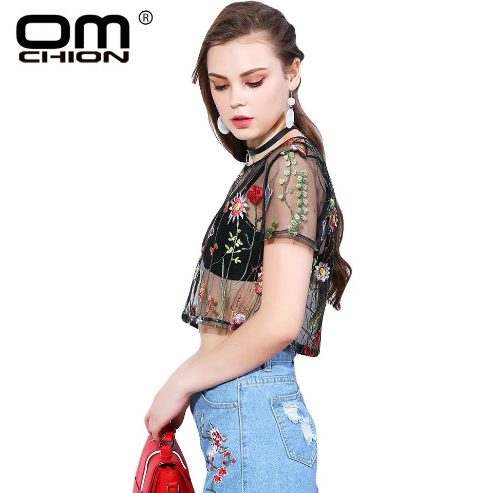 OMCHION Новинка 2017 черная сетчатая футболка с короткими рукавами для женщин