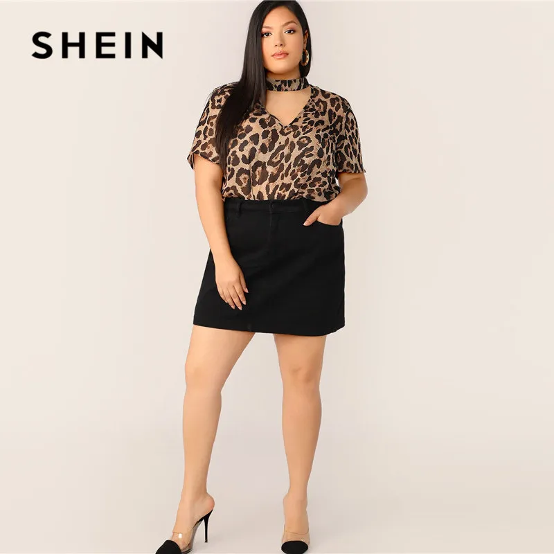 SHEIN, топ с леопардовым принтом размера плюс, блузка, женские летние стильные Блузы с v-образным вырезом и коротким рукавом