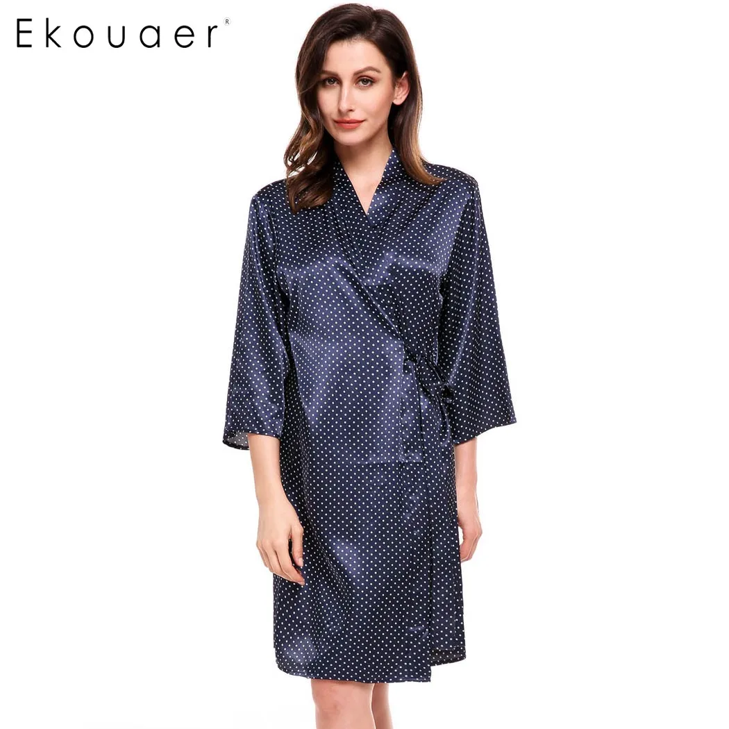 Ekouaer модный свободный халат с цветочным принтом женский рукавом 3/4 в горошек