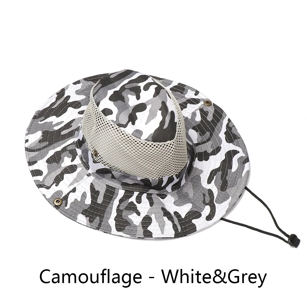 Для мужчин женщин Панамка Camo кепки Хлопок рыбалка поля козырек Защита от солнца Safari лето Кемпинг армии Военная Униформа ковбой - Цвет: White Grey
