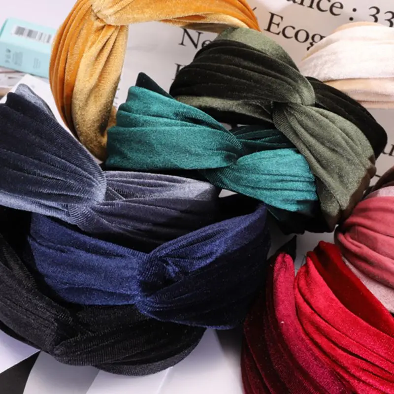 

11 Colors Korean Vintage Thicken Velvet Headband Women Girl Pleated Twist Knotted Wide Hair Hoop Solid Color Face Wash Headpiece