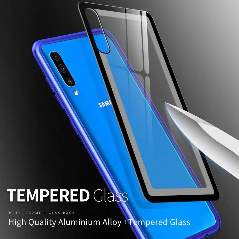 Роскошный Алюминиевый металлический защитный чехол для samsung Galaxy A50, чехол для телефона, тонкая рамка, бампер, задняя прозрачная стеклянная крышка KS0187