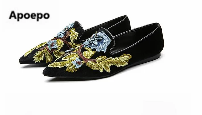 Newest brand woman loafers shoes 2018 embroider casual flats women shallow pointed toe chaussures femme mary jane | Обувь