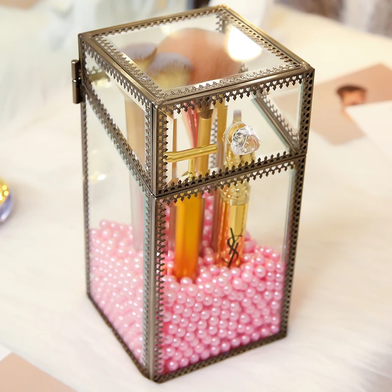 High Quality Gold Glass Makeup Tools Pen Brushes Box With Pearls Square Makeup Tools Storage Case Can Put Makeup Pen Brushes