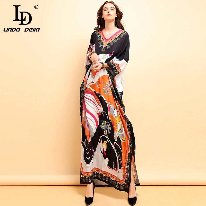 LD LINDA DELLA Fashion Runway Plus Size Dress Women's Batwing Sleeve Printed Side Split Vintage Vacation Loose Maxi Long Dresses