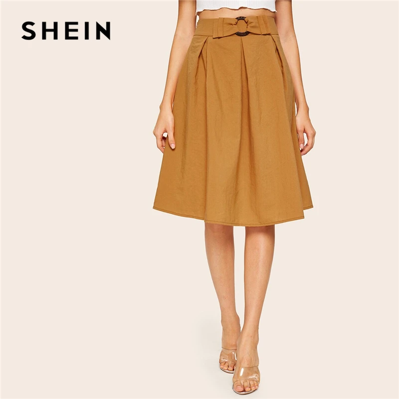 SHEIN плиссированная юбка с пряжкой и поясом, винтажная расклешенная Женская юбка с высокой талией,, однотонное кольцо с молнией, весенняя, летняя, осенняя юбка