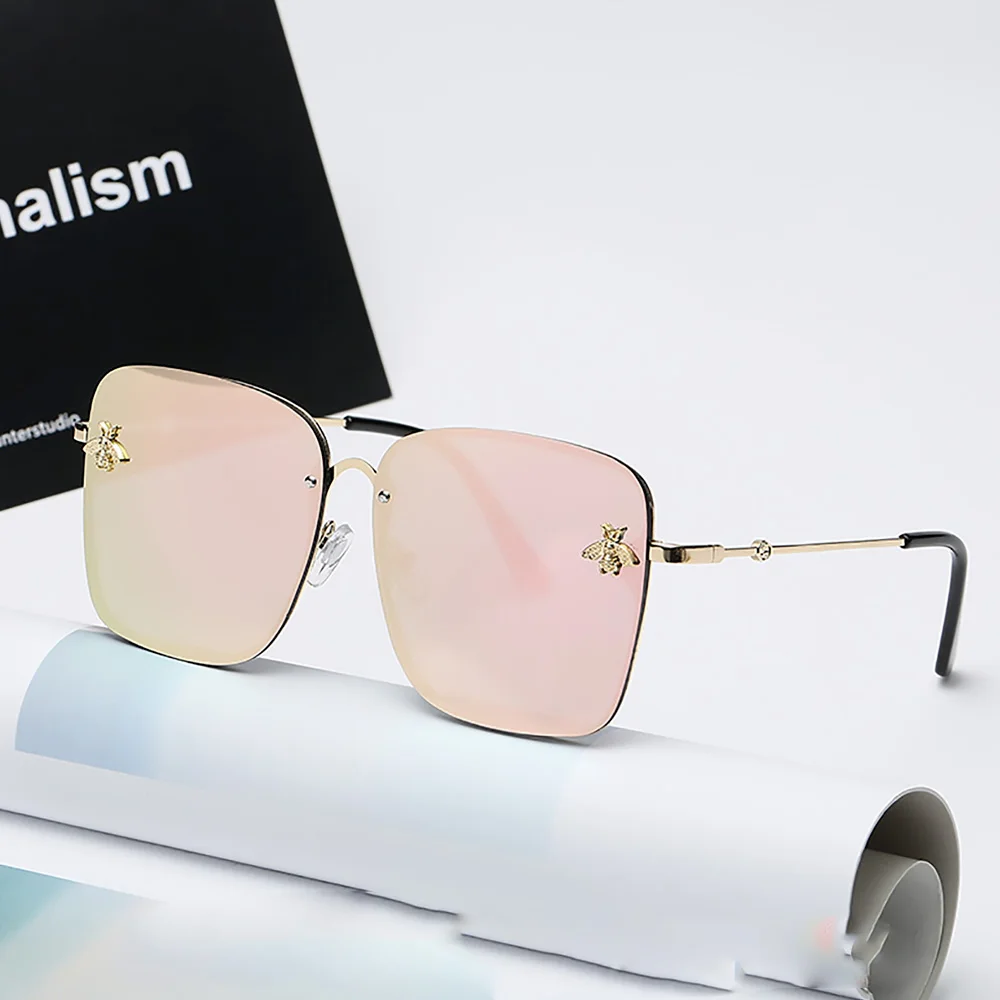 Pink Мода золотые пчелы Квадратные Солнцезащитные очки для женщин Ретро негабаритные очки мужские оттенки металлическая оправа женские солнцезащитные очки zonnebril dames - Цвет линз: Pink