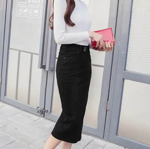 2018 винтажная джинсовая юбка на пуговицах с высокой талией узкие женские юбки