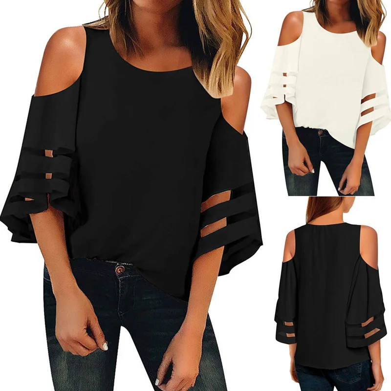 Women Cold Shoulder Mesh Panel 3/4 Bell Sleeve Loose Blouse Tops Shirt for Summer AIC88