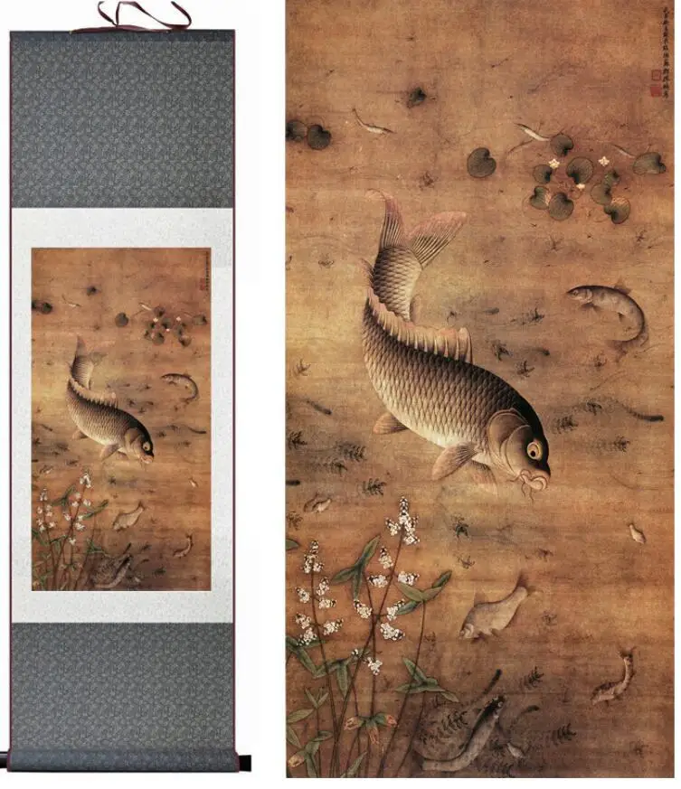 

Бесплатная доставка, Живопись рыбы, традиционное искусство, китайская награда за рыбу, Бамбуковая и Рыболовная живопись