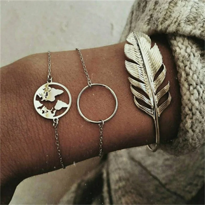 KISSWIF, Boho, карта земли, камень, бисер, настраиваемый браслет-цепочка, винтажные, черепаха, сердце, браслеты с подвесками для женщин, ювелирные изделия - Окраска металла: Sliver