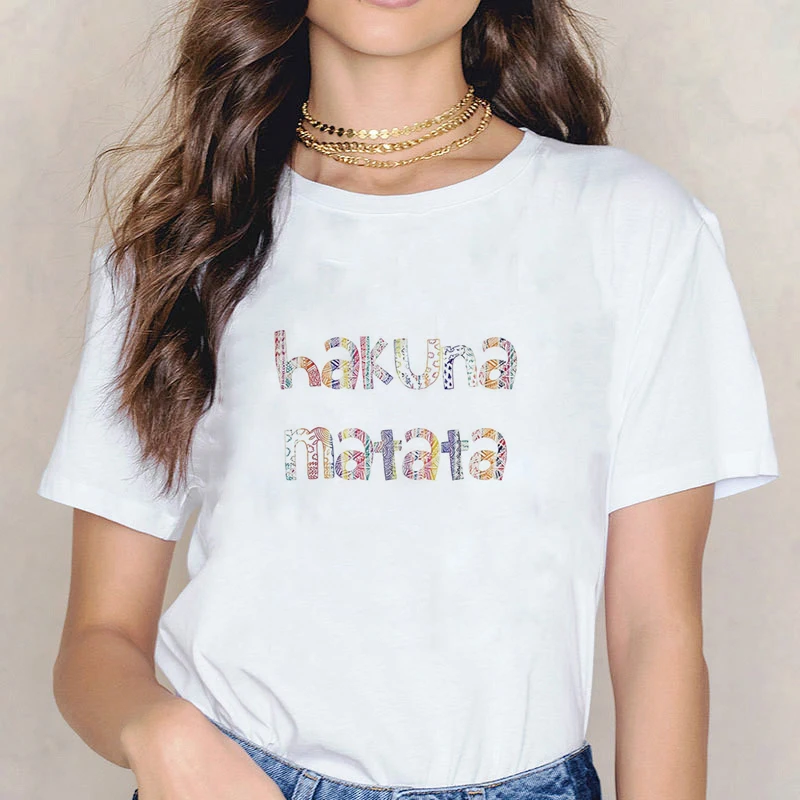 LUSLOS размера плюс футболка Hakuna Matata Король Лев футболка Женские футболки Повседневная белая черная уличная одежда Топ тройники футболка женска - Цвет: XWT0782