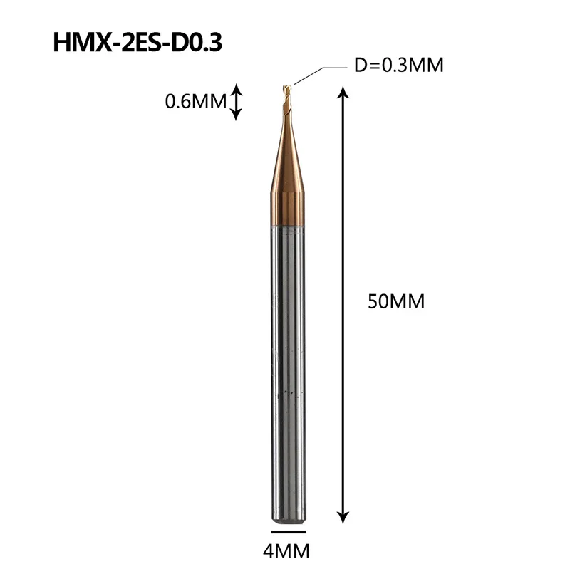 HMX-2ES-D0.3 HMX-2ES твердосплавная 2 Флейта с нано покрытием крошечная Квадратная Головка Концевая фреза Фрезерный резак режущие инструменты для закаленной стали HRC68 - Длина режущей кромки: HMX-2ES-D0.3