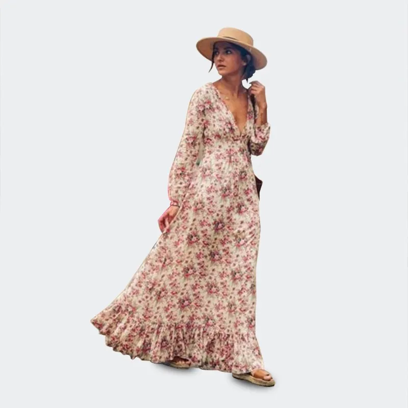 DeRuiLaDy 2019 Новый осень женское украшением виде платье цветка оборками бохо длинное