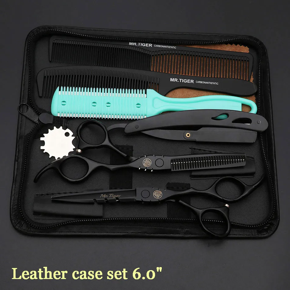 leather case set Острое лезвие 6,0 дюймов, парикмахерские ножницы, профессиональные ножницы для волос, набор 5,5, ножницы для стрижки волос, парикмахерские ножницы, Парикмахерская бритва - Цвет: leather case set