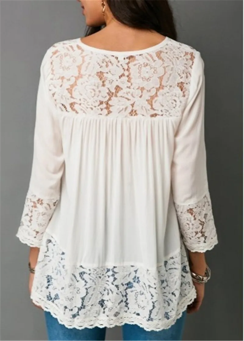 Womens Long Sleeve Splice Shirt Women Button Tunic Top Casual Loose Patchwork Lace Blouse Pullover 5XL |