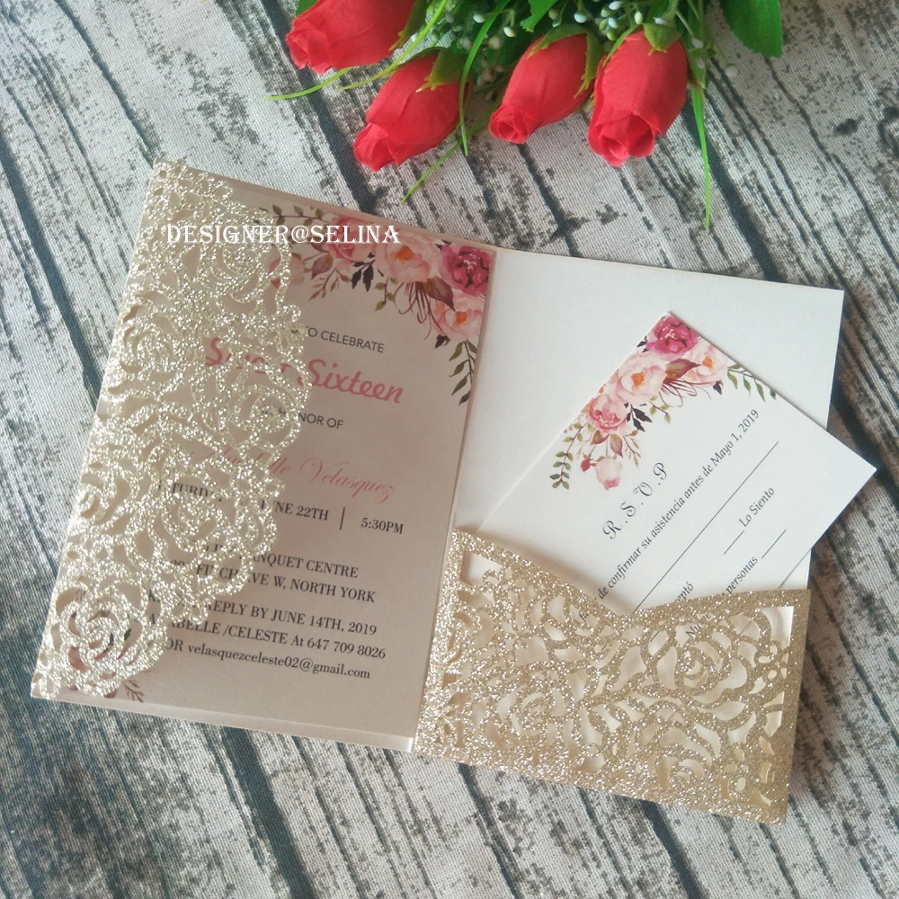 50 шт. шампанское Блеск лазерная резка Trifold карманные свадебные приглашения с открытка RSVP приглашает для Quinceanera сладкий 16th на день рождения