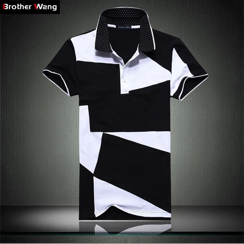 

Brother Wang Casual POLO Shirt Men's Summer Fashion New Black White Stitching Cotton Short-sleeved Polo Shirt Slim Male 5XL 6XL