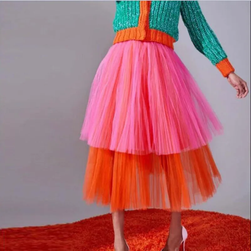 

Two Color Tiered Tutu Skirts Tulle Women Elastic Waistline A Line Ankle-Length Party Formal Skirt Jupe Femme Tulle Skirt Custom
