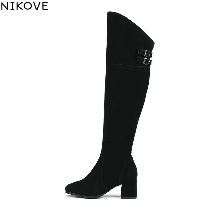 

NIKOVE/2018 женские сапоги с квадратным носком; короткие плюшевые сапоги до колена на высоком каблуке в западном стиле; сезон весна-осень; женски...