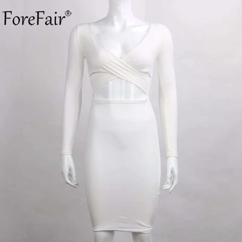 ForeFair с длинным рукавом Bodycon Midi Бандажное платье для женщин хлопок эластичные элегантные сексуальные платья белый черный красный Женское зимнее платье - Цвет: white dress