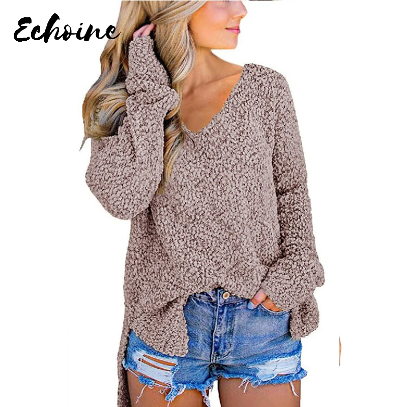 Echoine Khaki V Neck Popcorn Texture Loose Fit Sweater Women Autumn Winter Long Sleeve Pullover Jumper Pull Femme | Женская одежда
