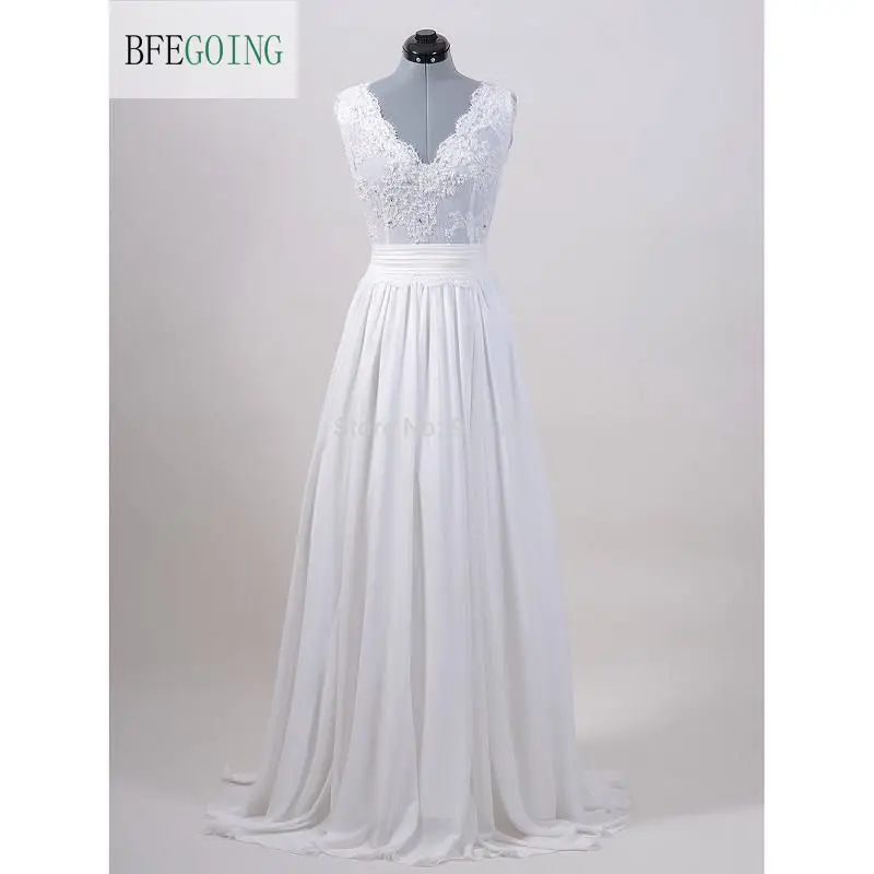 

New Chiffon Floor-Length Wedding Dress Bridal gown Pearls Beaded Lace-applicues V-Neck Sash A-Line White ivory Custom made