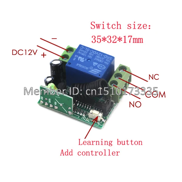 315/433MHZ DC 12V 1CH Remote Control Switch System 1PC RF Wireless 1-Button Transmitter + 2PCS 1 Channel Receivers |