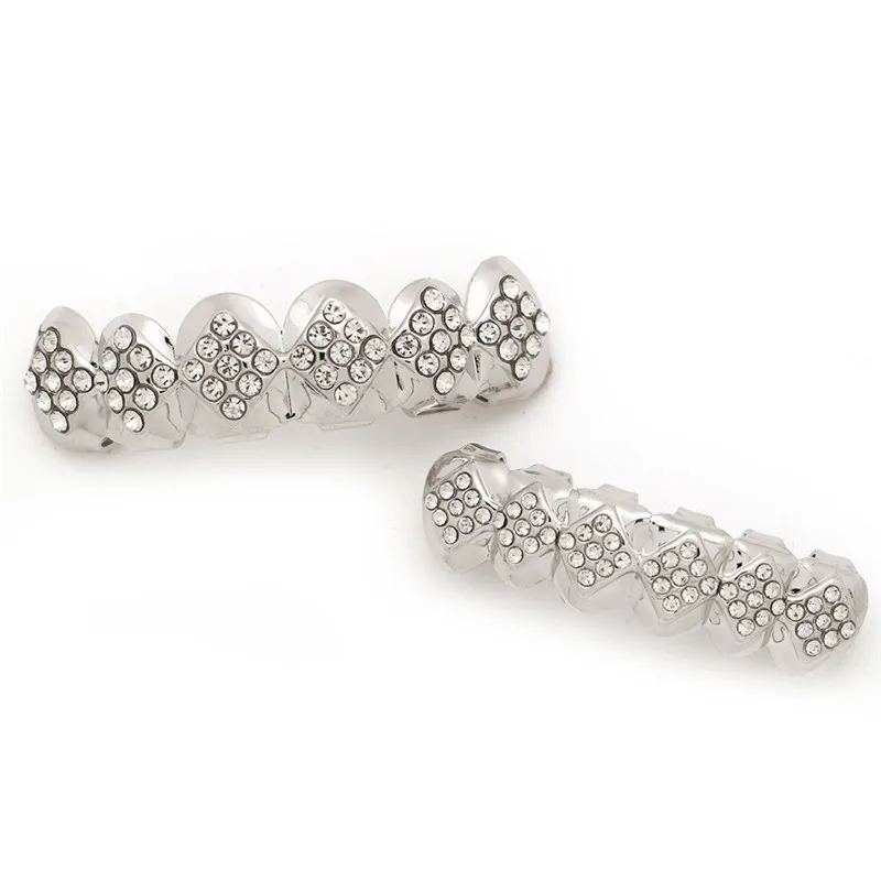 

LuReen Square Shape Rhinestone Gold Teeth Grillz Top Bottom Silver Color Dental Grills Halloween Party Tooth Cap Jewelry Gifts