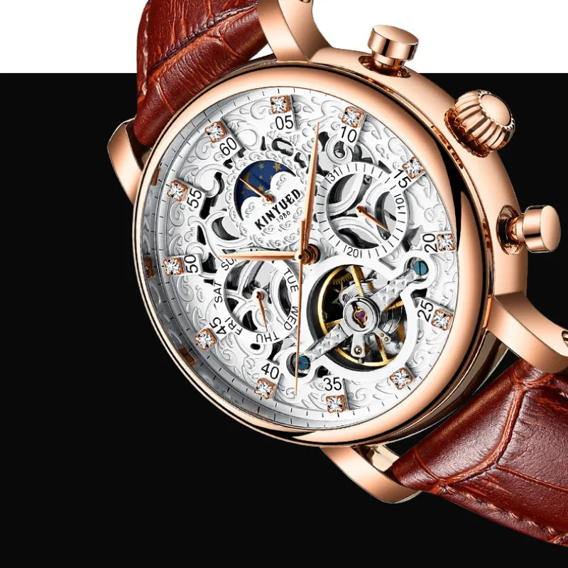 KINYUED Мужские автоматические механические часы с полым циферблатом Tourbillon