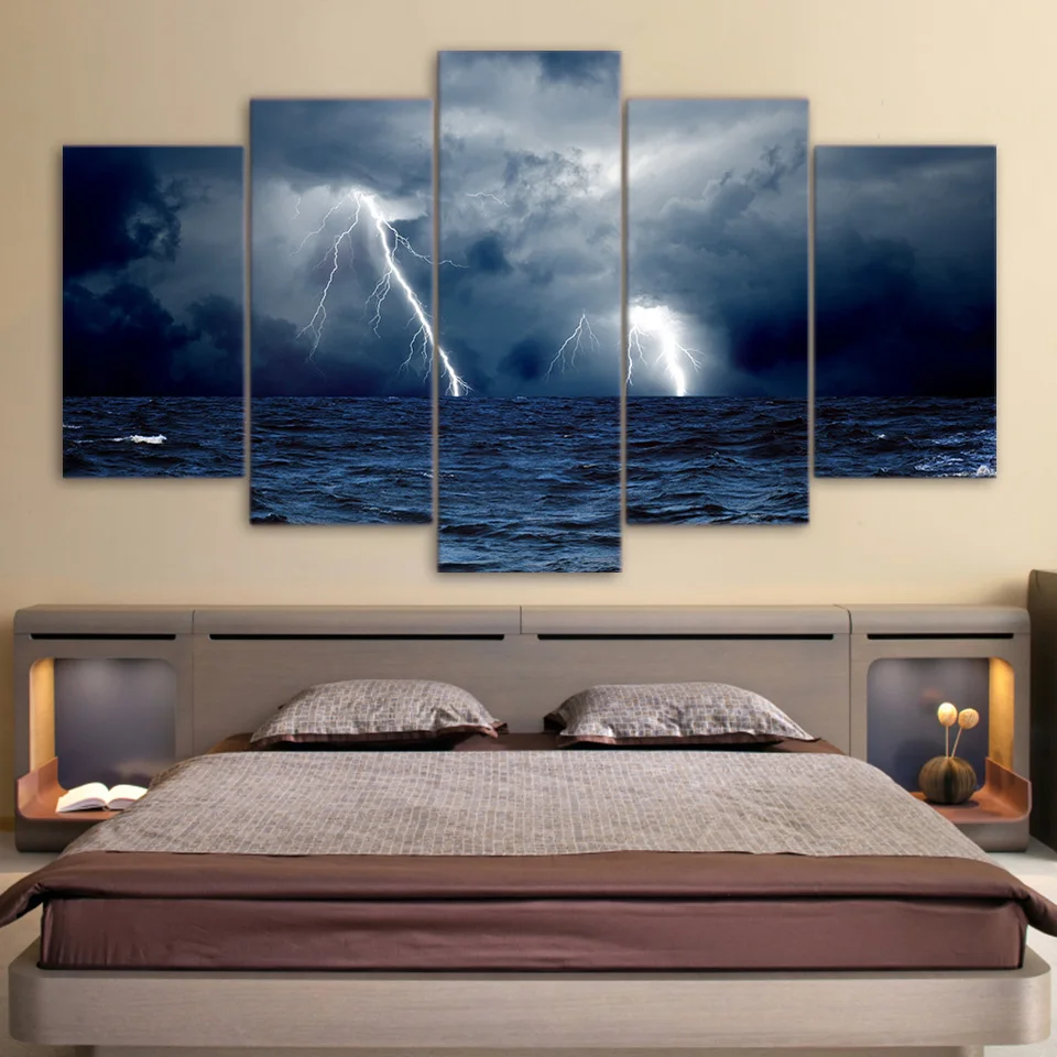 

HD print 5 piece canvas cloud waves sea ocean storm lightning Painting seascape painting home decoration Free shippingMH-5777