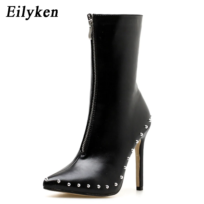 Eilyken/Новинка года; дизайнерские женские ботинки с заклепками; высокие сапоги с острым носком; ботильоны на высоком каблуке; женские туфли-лодочки; мотоботы; mujer