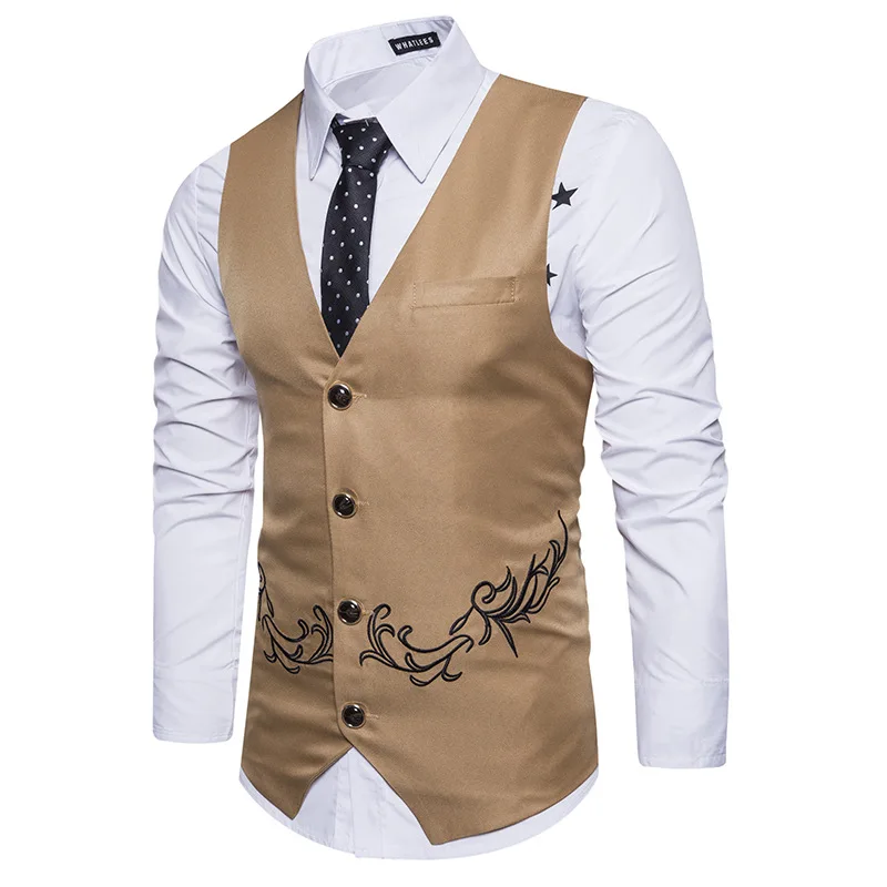 Men Floral Embroidery Vest Fashion Sleeveless Waistcoat Wedding Party Business Gilet Homme Male Single Buttons Suit Jacket XXL